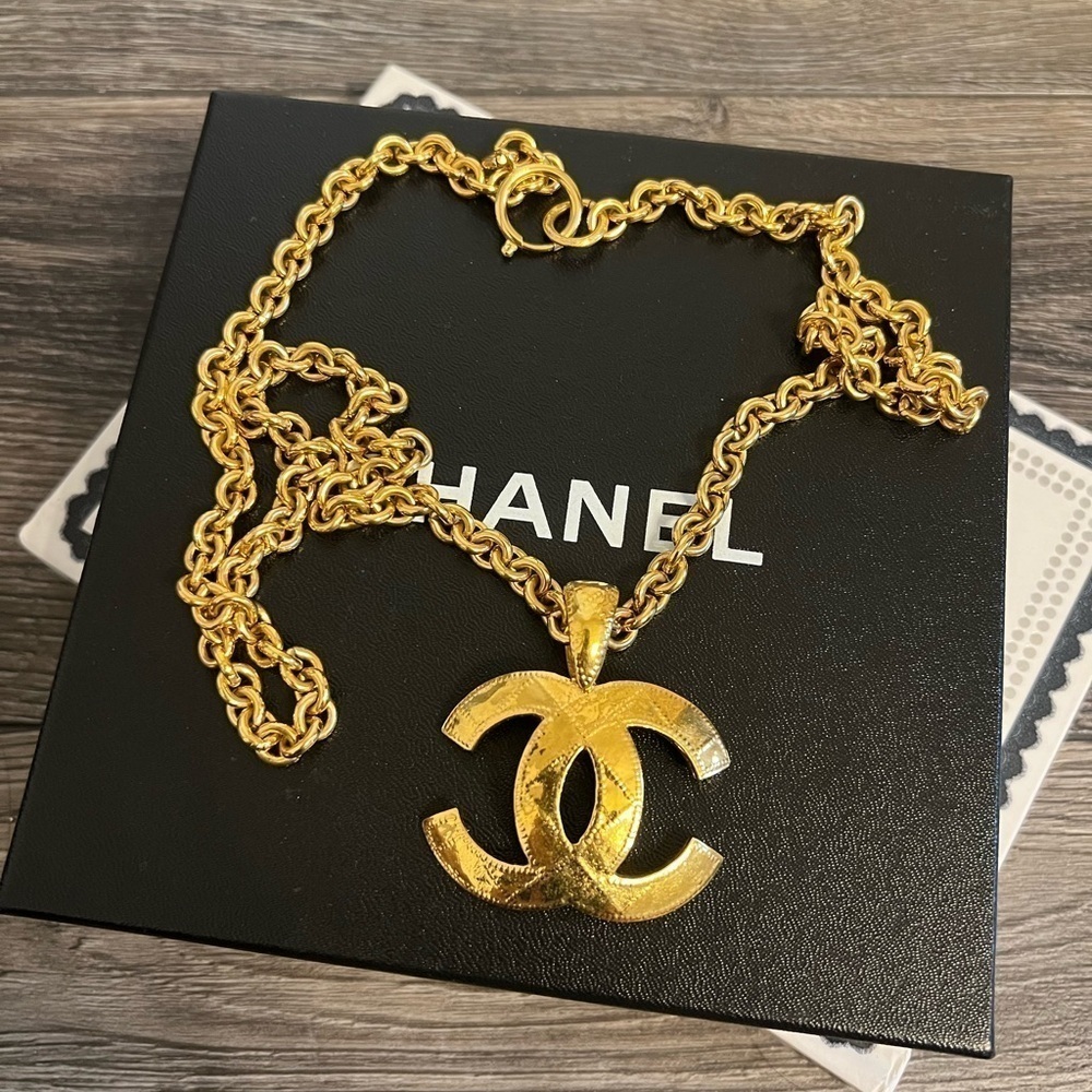 CHANEL Vintage XL Quilted Gold CC Pendant Necklace